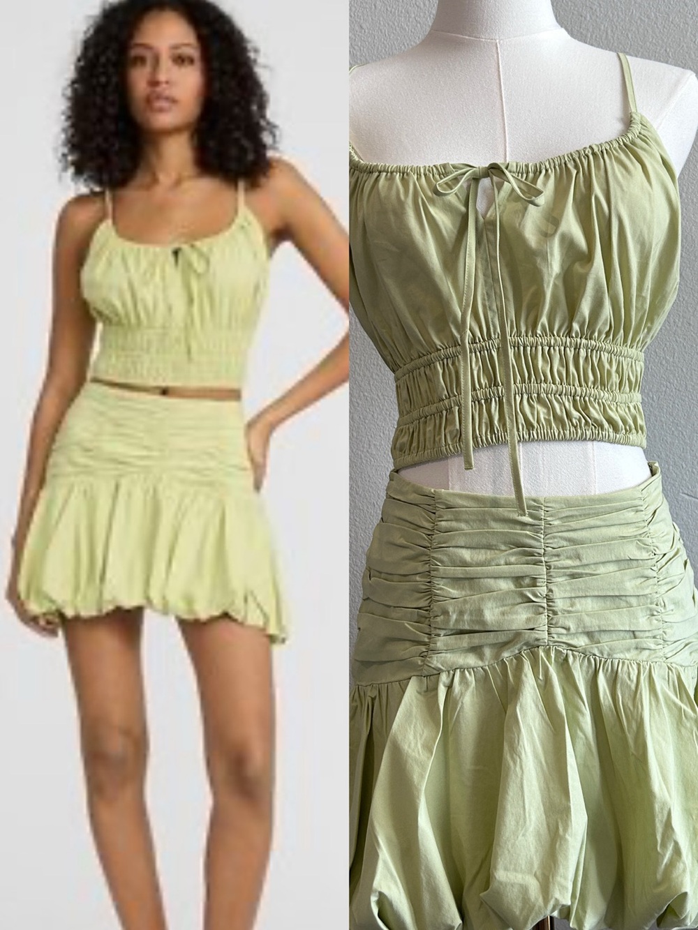 Express Light Green Ruched Crop Tank & Bubble Mini Skirt Set